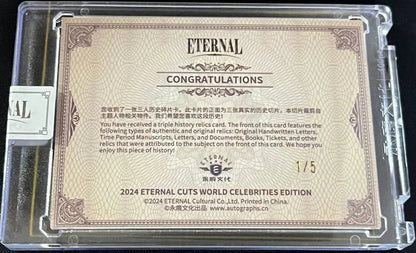 2024 Eternal Cuts Triple History Relic card featuring authentic handwritten manuscript fragments of Voltaire, Lord Byron, and Friedrich Nietzsche, limited edition 1 of 5.