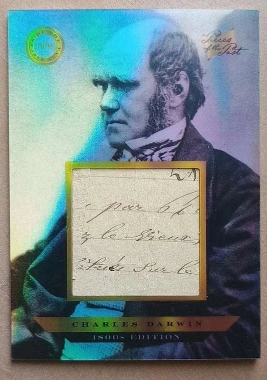 Charles Darwin collectible card with holographic finish and embedded 1800s handwriting fragment