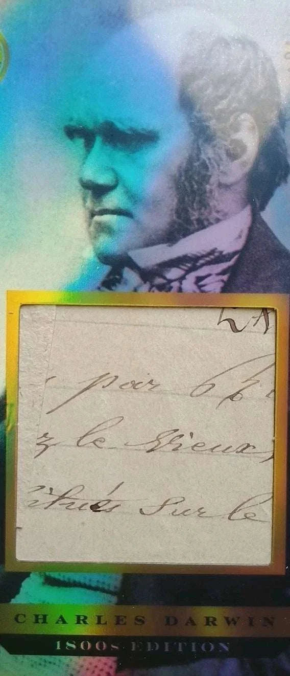 Charles Darwin collectible card with holographic portrait and embedded 19th-century handwriting fragment from the 1800s edition Pieces of the Past series