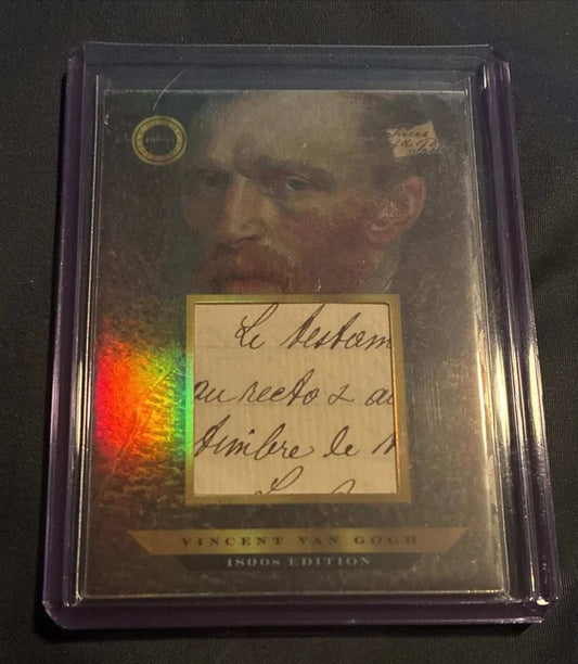 Vincent van Gogh handwriting fragment card from 1800s edition with French script and portrait background