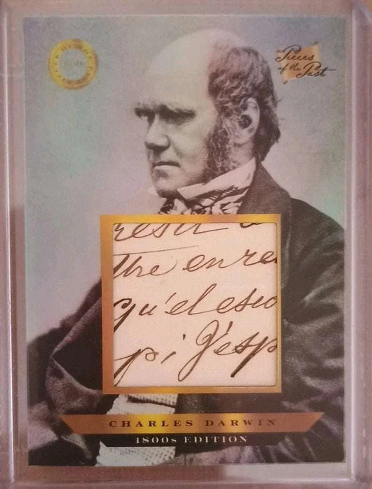 Charles Darwin 1800s Edition relic card with handwritten script fragment and portrait