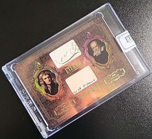 2024 Eternal Cuts Dual History Relics collectible card with original handwritten manuscript fragments of Galileo Galilei and Isaac Newton in ornate antique-style design encased for protection