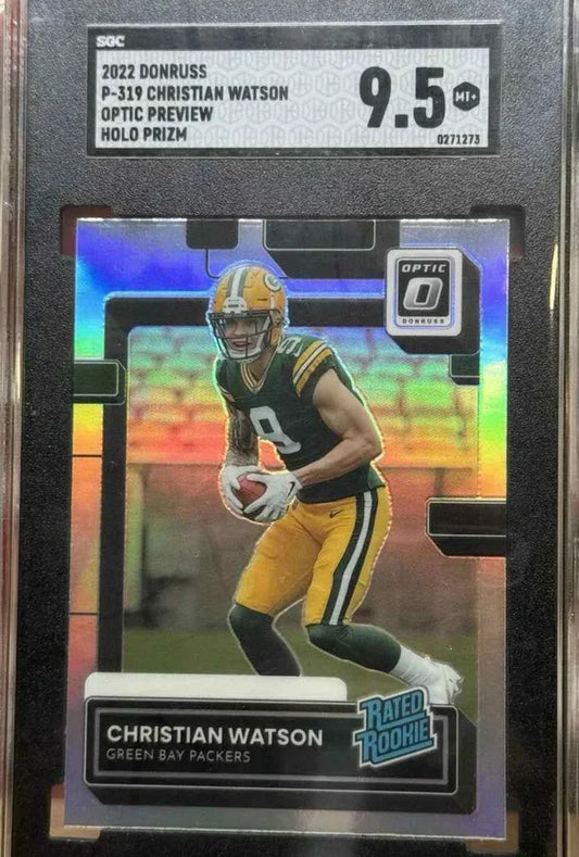 Christian Watson 2022 Donruss #P-319 Optic Preview Holo Rookie SGC 9.5 card.