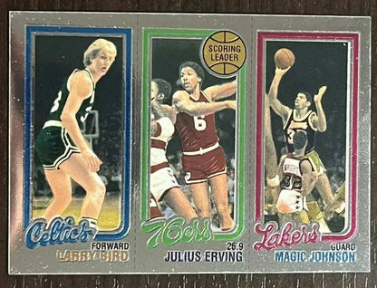 1996 Topps chrome reprint card featuring Julius Erving, Larry Bird, and Magic Johnson.