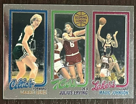 1996 Topps chrome reprint card featuring Julius Erving, Larry Bird, and Magic Johnson.