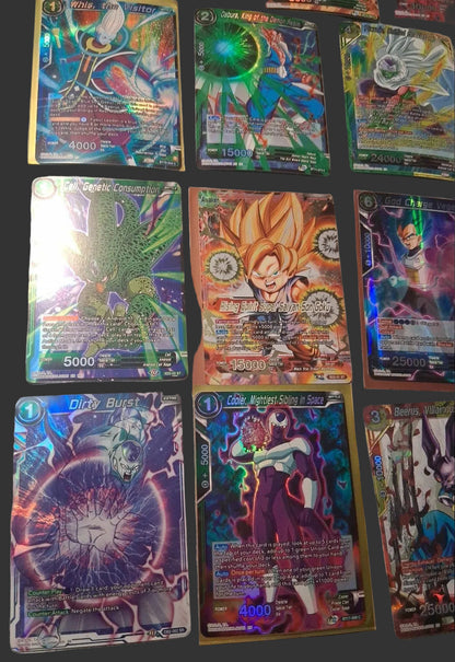 Dragon Ball Super card game lot featuring Beerus, Vegeta, Piccolo, Whis, and more Super Rare promo cards from BT10-BT11 era