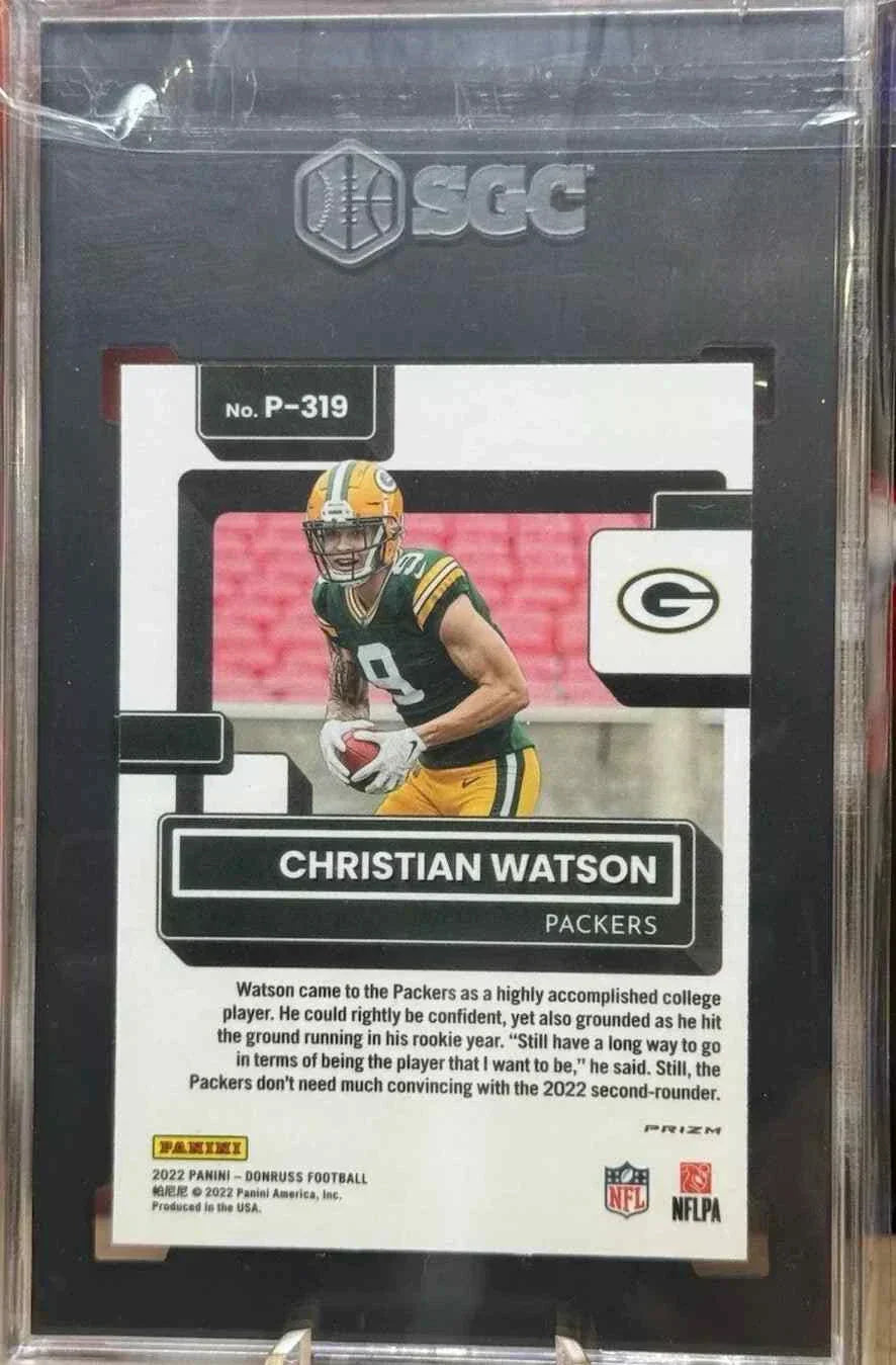 Christian Watson 2022 Donruss #P-319 Optic Preview Holo Rookie card SGC 9.5 in case.