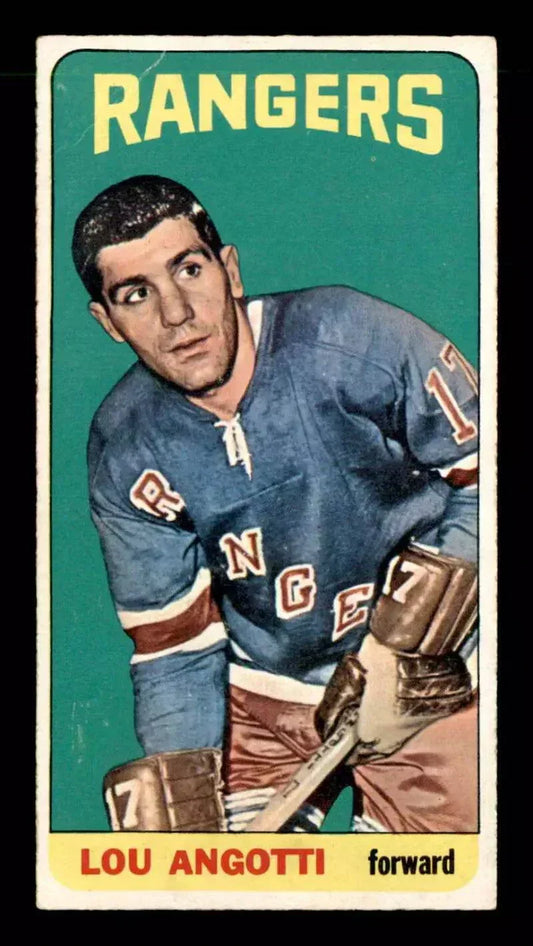 1964-65 Topps Lou Angotti 66 Rookie RC sports card featuring young Angotti in Rangers uniform.