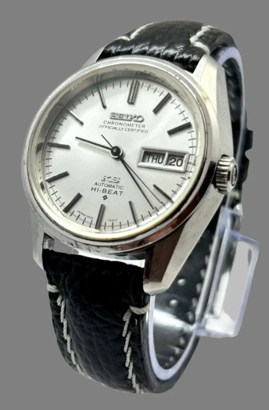 Vintage King Seiko Chronometer 5626-7041 with silver dial and black leather strap