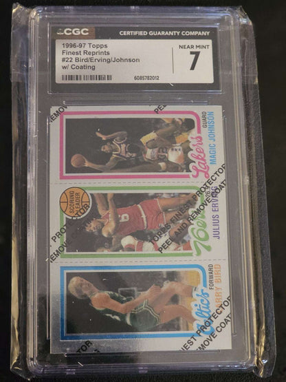 1996-97 Topps Finest Reprints basketball card featuring Larry Bird, Magic Johnson, Julius Erving, graded CGC 7 near mint