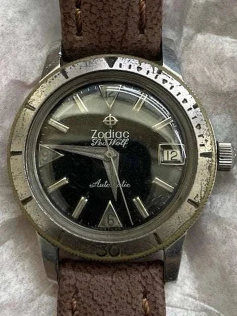 Vintage circa 1960s Zodiac Seawolf automatic wristwatch with rotating bezel and brown leather strap