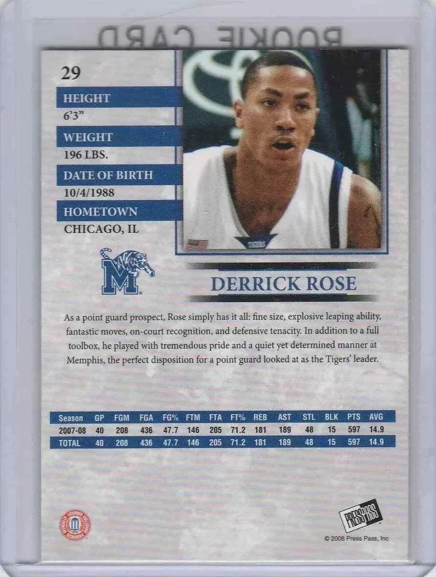 2008 Press Pass #29 Derrick Rose RC Rookie Memphis Tigers card featuring player stats and bio.