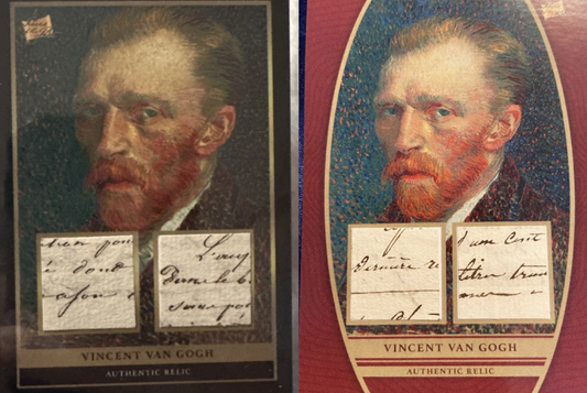 Vincent van Gogh Relic Handwriting Card Set with French language fragments from 19th-century correspondence, featuring emotional closings and striking script.
