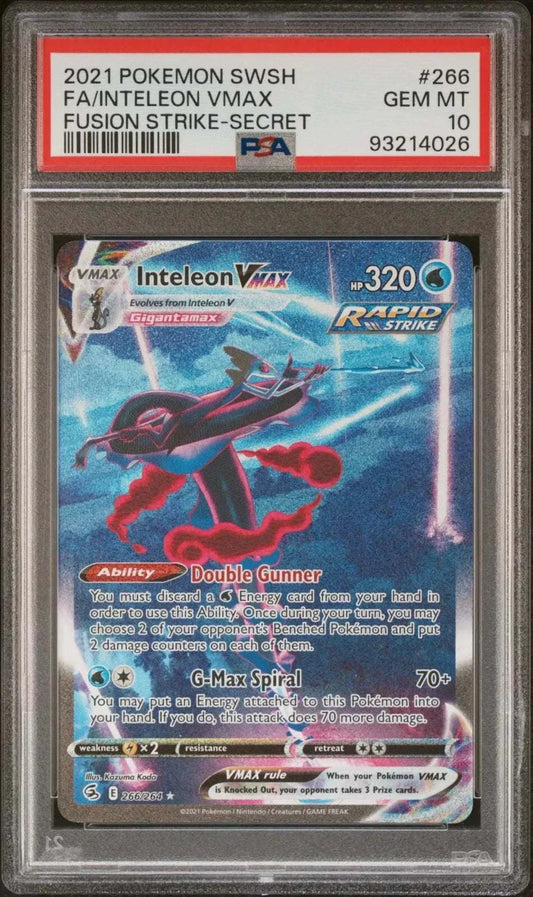 PSA 10 GEM MINT Pokemon Inteleon VMAX Fusion Strike Alt Art #266 2021 card.