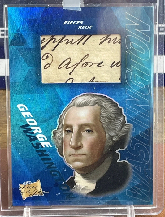 Authentic George Washington handwritten document fragment relic card with 18th-century cursive script and iron gall ink on laid paper displayed in sealed case