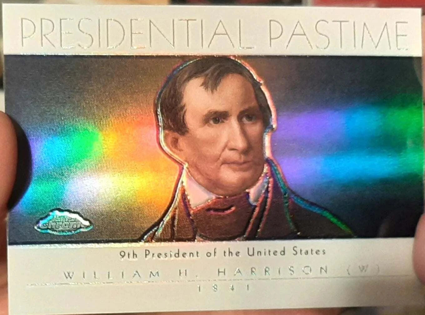2004 Topps Chrome William H. Harrison Refractor card honoring the 9th U.S. President with vibrant chrome finish.