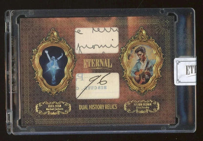 Michael Jackson & Elvis Presley Dual Relic Card from Eternal "Dual History Relics" series, featuring framed portraits and embedded relics of musical legends, in a tamper-resistant case. Ultra rare collectible.