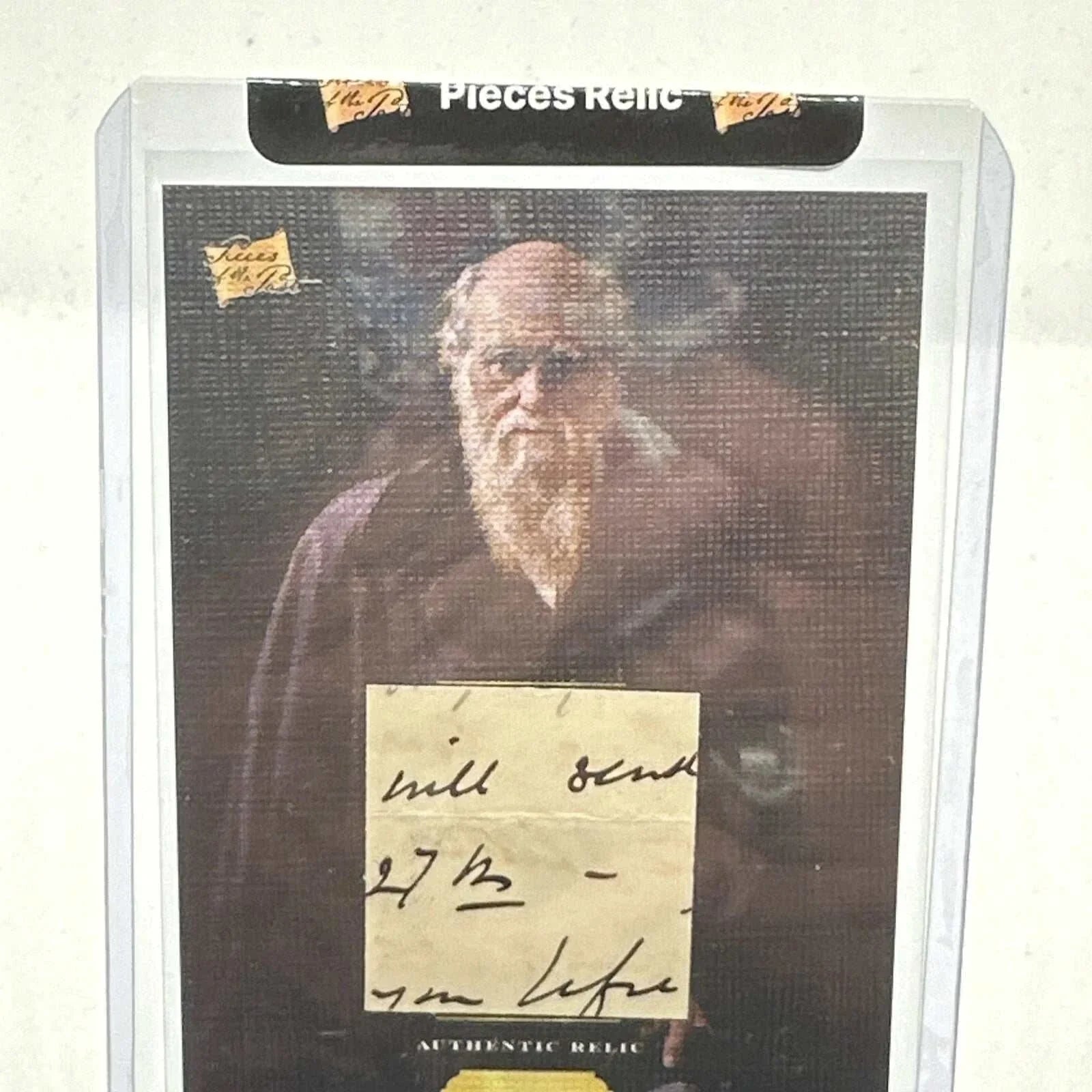 Charles Darwin handwritten fragment relic card with portrait, featuring "will send" text, sealed in acrylic.