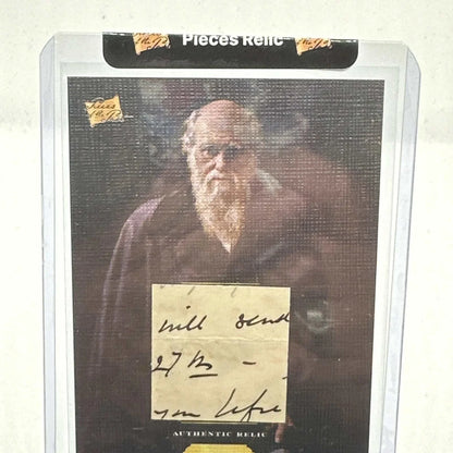 Charles Darwin handwritten fragment relic card with portrait, featuring "will send" text, sealed in acrylic.