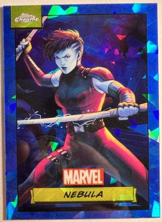 2024 Topps Chrome Marvel Sapphire Nebula Base card with refractor pattern.