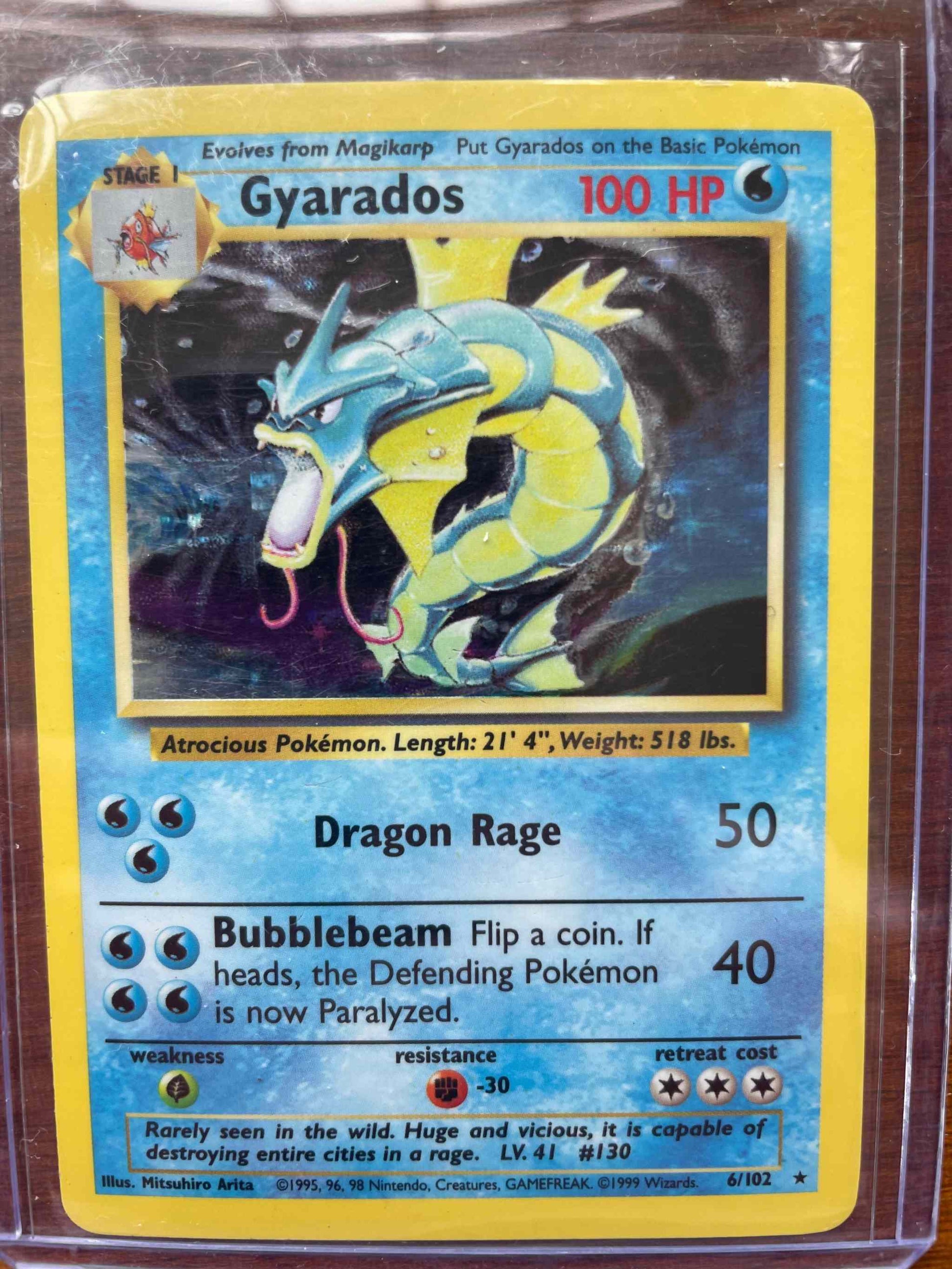 Base Set #006/102 Gyarados Pokemon card, iconic water-type collectible.