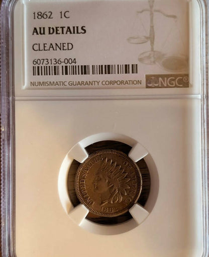 1862 Indian Head Cent coin graded, collectible Civil War history piece.